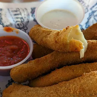 Mozzarella sticks are good, gooey and filling. An order can feed three or four.