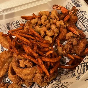 fried shrimp and sweet potato fries