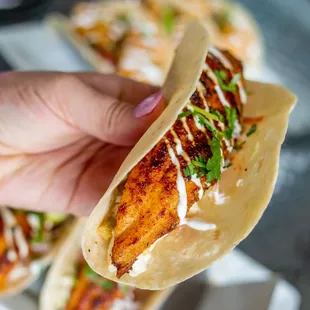 a hand holding a fish taco