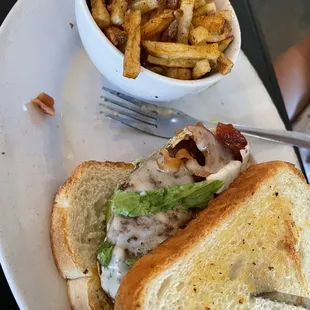 Rooster burger and hash browns
