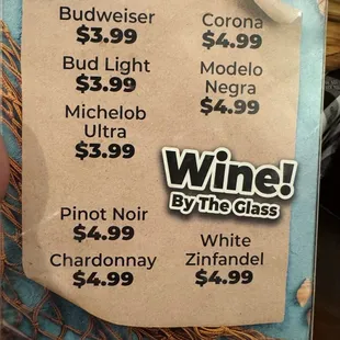 Beer and wine list.