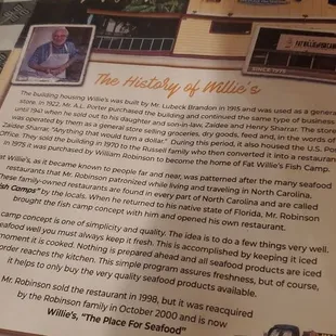 Menu that has story of the restaurant history.