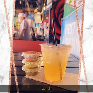 a picture of a drink and a donut