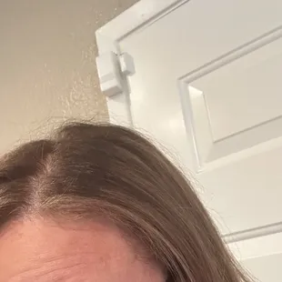 grey roots darker than highlights and you can see the strip where it was colored and not highlighted