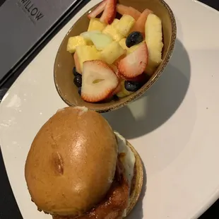 Brunch Menu: Pgh Hot Chicken Sandwich and fruit