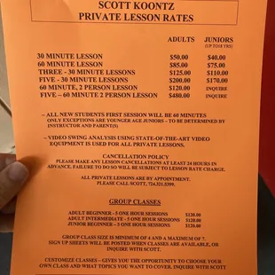 Rates for personal classes