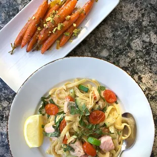 Salmon Pasta with a side of Carrots