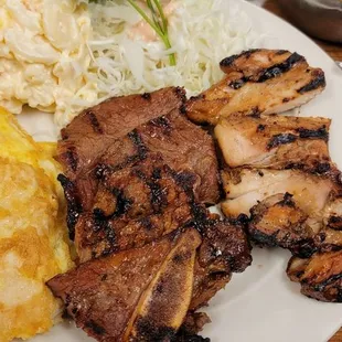 Lunch combo fish jun, kalbi, bbq chicken