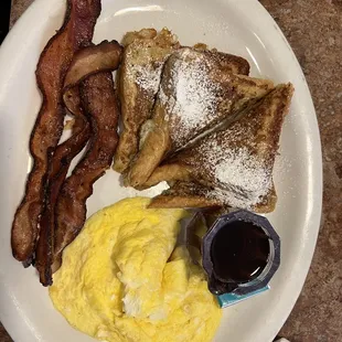 French toast w/ scrambled eggs and bacon