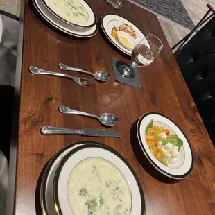 Broccoli soup, crab cake, caprese tomatoes and mozzarella