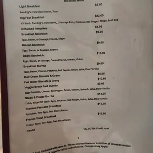 Breakfast menu
