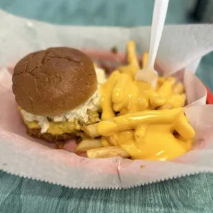 Carolina style burger and cheese fries