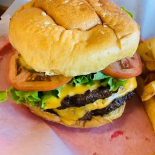 Double Sycamore Station Burger  Lettuce, cheese, tomato, onion, pickle, mayo, ketchup and mustard.