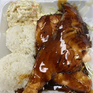 chicken and rice in a styrofoam container