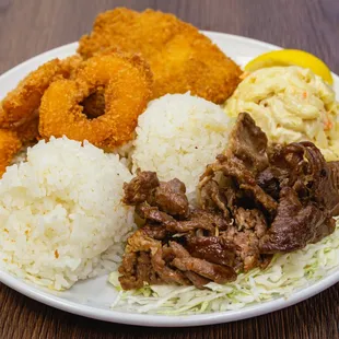 Half Seafood and Half BBQ Beef Plate