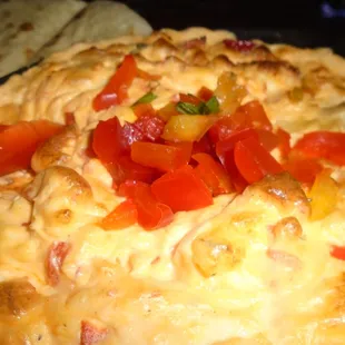 Red pepper feta cheese dip, close-up.
