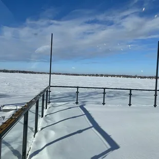 Winter view from the side room connected the bar. Tables along the windows with this kind of view. Patio will be busy in the warmer months.