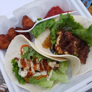 Crab Tacosx teriyaki and buffalo