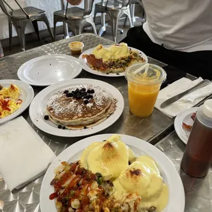 1. Eggs Benedict Classic Blueberry Fancy Pancakes and 2 Eggs with Meat