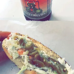 Slaw Dog with spicy giardiniera and a Sprecher orange