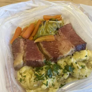 Corned beef dinner with mashed potatoes, carrots and cabbage -- YUMM