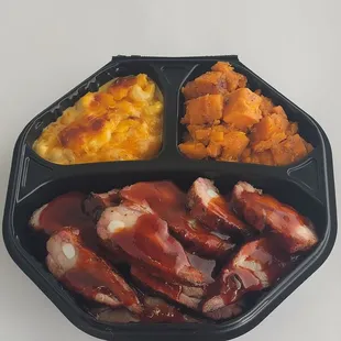 BBQ Rib Tips with Mac and Cheese and Yams