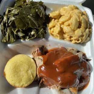 a meal in a styrofoam container