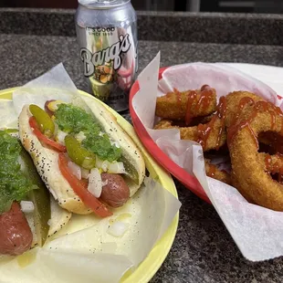 Hot Dogs and Onion Rings with ketchup.