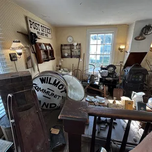 Second floor museum with period things from its past.