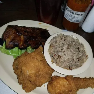 Ribs, fried chicken, and chopped pork. Dinner also included two sides - I had okra and cabbage - and sweet tea.