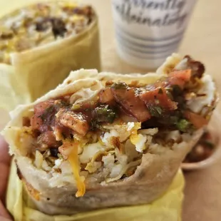 Breakfast burrito, coffee