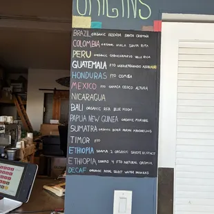 Origins of coffee menu