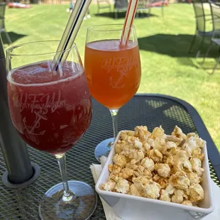 Peach Bellini and Blueberry-something wine slushies. Both were so good with a floater of sangria.
