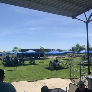 Great Grass Area. Tables. Tents.  Corn Hole.
