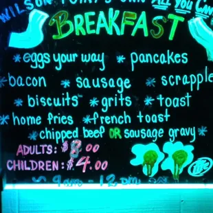 breakfast menu in neon light