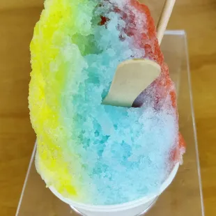Rainbow Shave Ice: banana, vanilla (blue), and strawberry