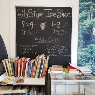 a blackboard with a chalkboard sign and a stack of books