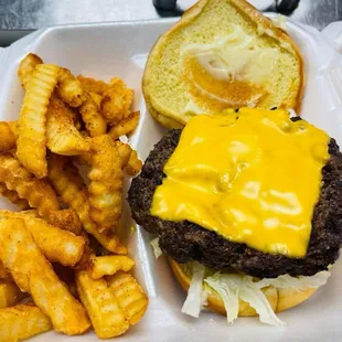 a cheeseburger and fries