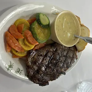 Ribeye w/ potato soup and veggies