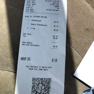 a receipt on a car seat