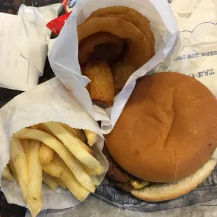 Double Cheeseburger with Fries and Onion Rings