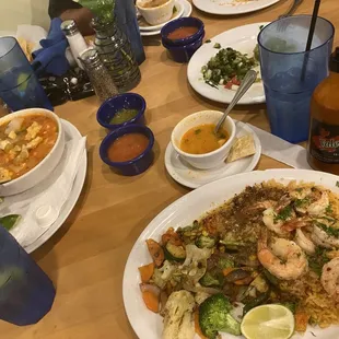 Caldo de Mariscos &amp; Camarones al Mojo de Ajo.