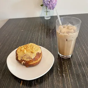 Peanut butter banana doughnut and iced mocha