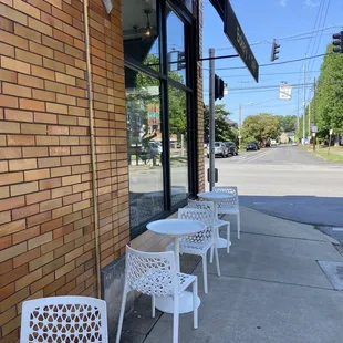 The side of building, plenty of seating