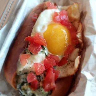 Chori Dog - Chorizo, Spinach Dip, Tomatoes &amp; Over Easy Egg
