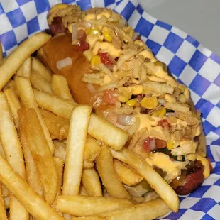 MexiDog - Beef Hot Link, Chili, Light Relish, Roasted Corn Salsa, Spicy Mayo, Crispy Onion &amp; Bacon