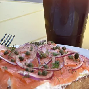 Salmon toast, cherry espresso cola