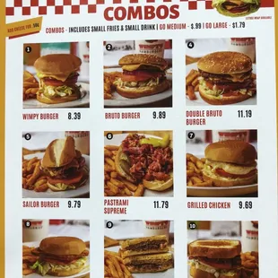 Front of menu with combos