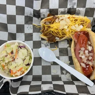 a loaded Chili Cheese Coney and a Smoked Bologna
