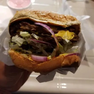 1/2 pound double cheeseburger... to go.  A bit dry, but a big burger nonetheless.